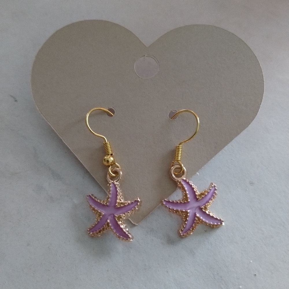Handmade Lilac Starfish Gold Tone Dangle Earrings
